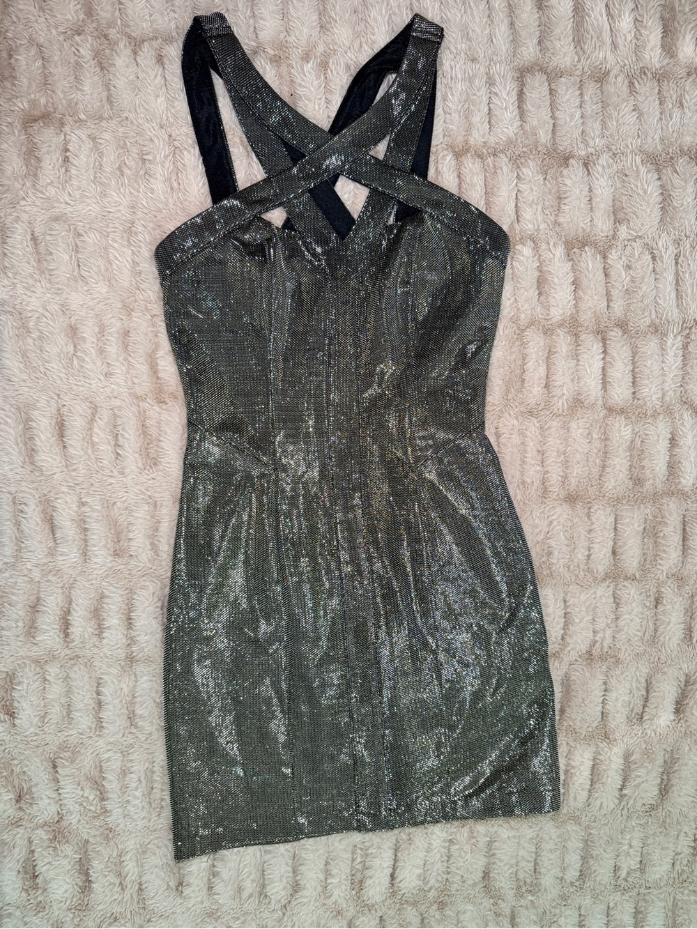 2B Bebe Metallic Gold Cross-Strap Mini Dress